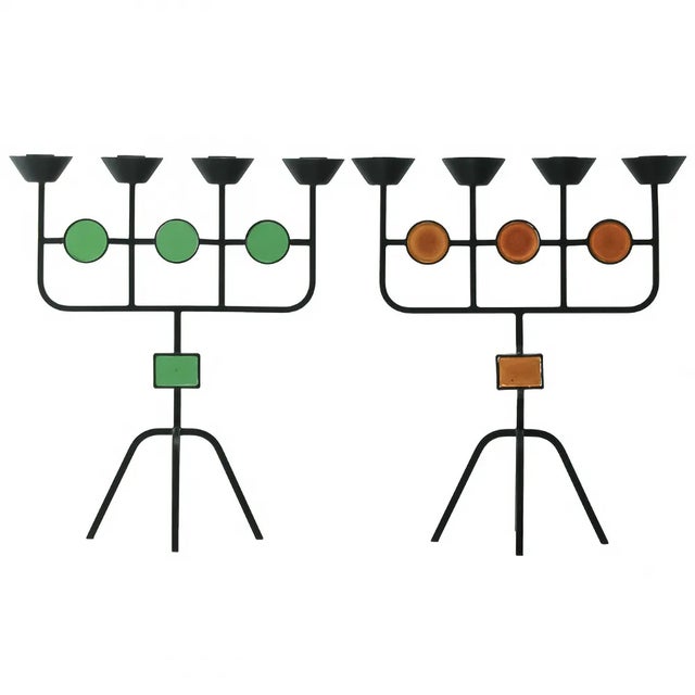 Red Glass and Wrought Iron Candelabras by Gunnar Ander for Ystad Metall, 1950s, Set of 2 For Sale - Image 10 of 11