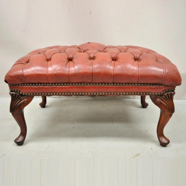 Vintage English Chesterfield Queen Anne Brown Leather Tufted Ottoman Footstool For Sale - Image 10 of 10