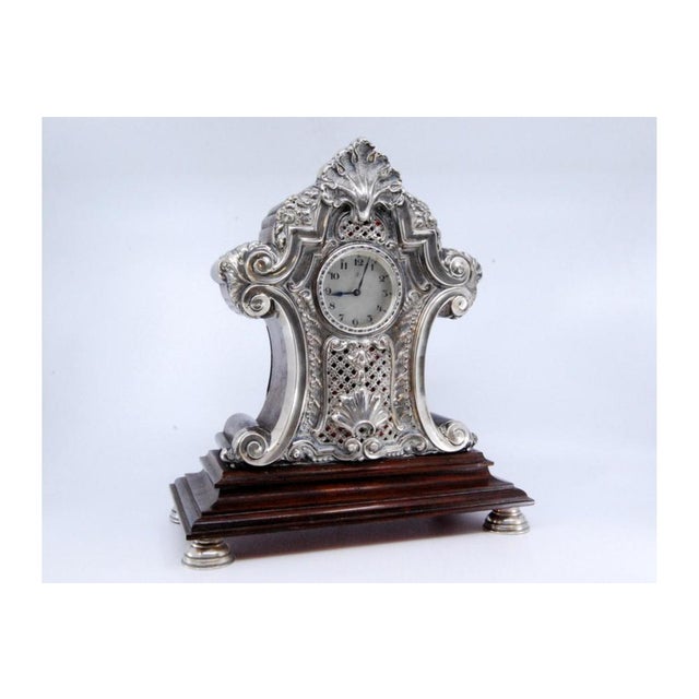 Wooden Table Regulator Clock with Silver Applications, in Very Good conditions. Designed 1890 to 1919 This piece has an...