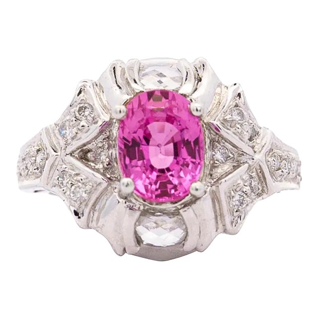 GIA Certified 2.4 Carat No Heat Pink Sapphire & Briolette Diamond Platinum Ring For Sale