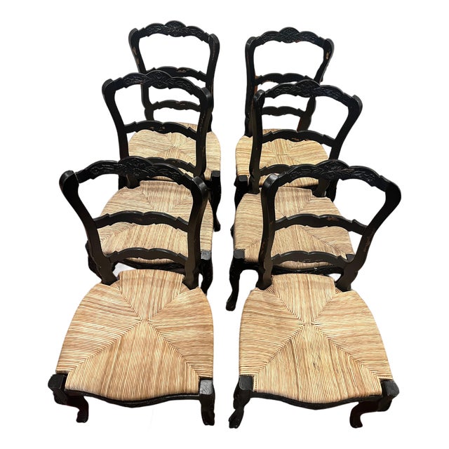 Set of 6 Vintage Carved Wood Country French Rush Seat Dining Chairs For Sale