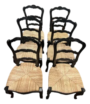 Set of 6 Vintage Carved Wood Country French Rush Seat Dining Chairs
