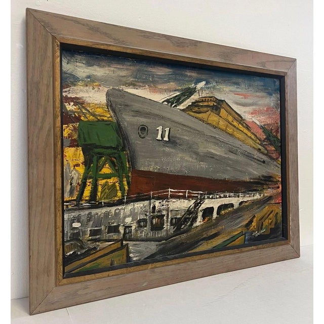 Vintage framed maritime painting depicting a large vessel in dry dock or shipyard setting. Executed in an expressive mid-...