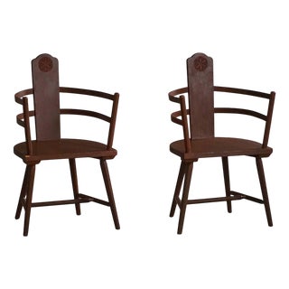 Scandinavian Folk Art Wooden Armchairs with Hand-Carved Motifs, 1920s, Set of 2 For Sale