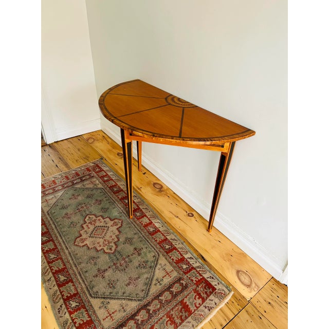 Vintage faux-veneer Demi-lune hall table, light weight wood.
