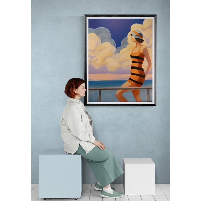 Textile Summer Original Art Deco Style Woman on a Yacht Contemporary Oil Painting on Canvas by Paul Scaturro For Sale - Image 7 of 7