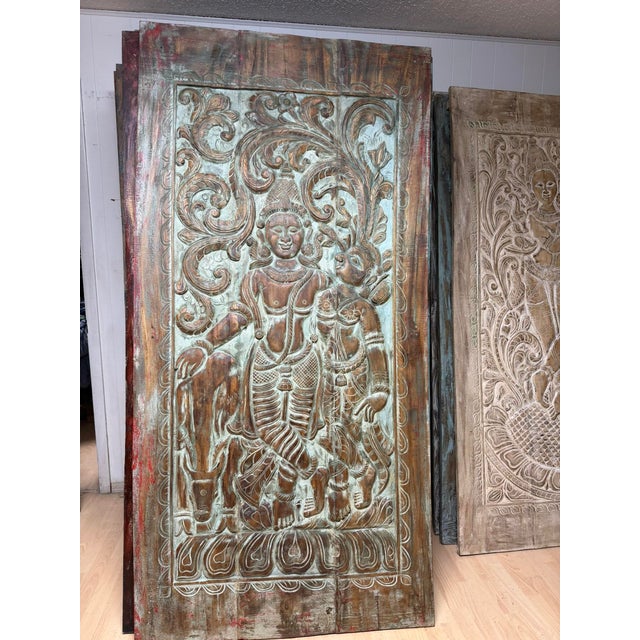 Radha Krishna Carved Wood Wall Art Blue Vintage Barn Door Wall Panel 84x41 For Sale - Image 4 of 7