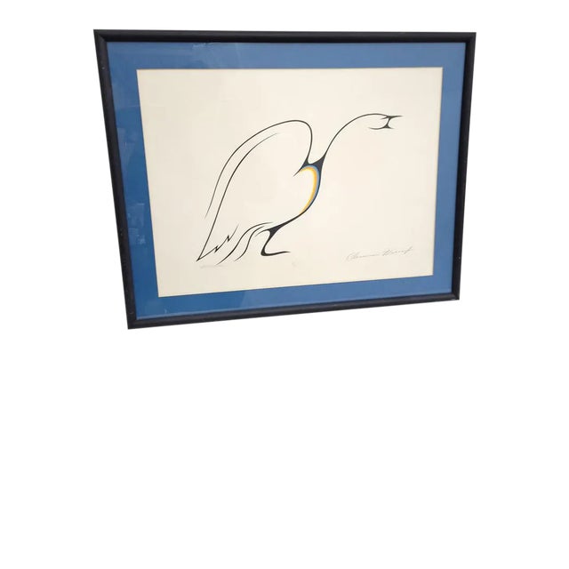 Mid Century Modern Art Wall Hanging "Gathering Call" Minimalist Print of a Bird by Clemence Wescoupe, Framed For Sale