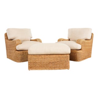 Pair of Ralph Lauren Wicker Lounge Chairs and Ottoman For Sale