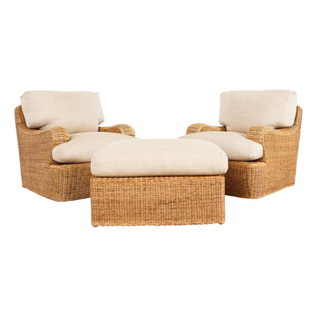 Pair of Ralph Lauren Wicker Lounge Chairs and Ottoman For Sale