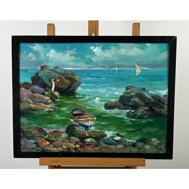 *** ABOUT THIS PAINTING *** * TITLE: ""A Boat is Moored on a Rocky Shore"" * ARTISTS: Yuriy Suprunchuk * SIZE: 30x40...