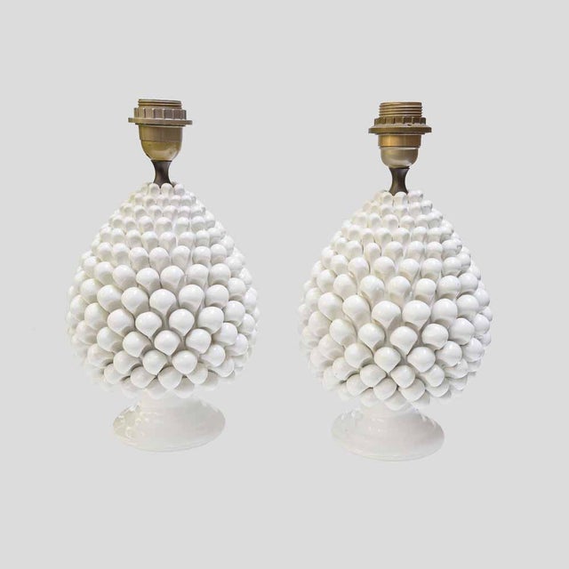 Ceramic Vintage Pine Cone Shaped White Ceramic Table Lamps, 1960s, Set of 2 For Sale - Image 7 of 15