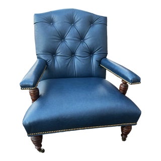 Lee Jofa Tufted Blue Leather Club Chair For Sale