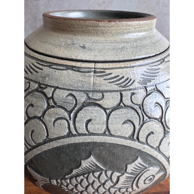 Ceramic Korean Buncheong Style Stoneware Vase | Fully Hand-Incised Cloud Scroll Carp Medallion | Moon Jar Form | Korean Character Mark For Sale - Image 7 of 12