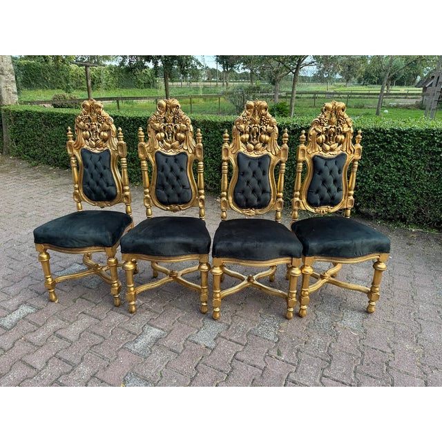 1900 Italian Baroque Rococo Gilded Beech Black Velvet Chairs - Set of 7 For Sale - Image 11 of 18