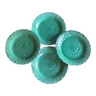Wedgwood Green Majolica Sunflower Plates with Basketweave Border - Set of 4 For Sale