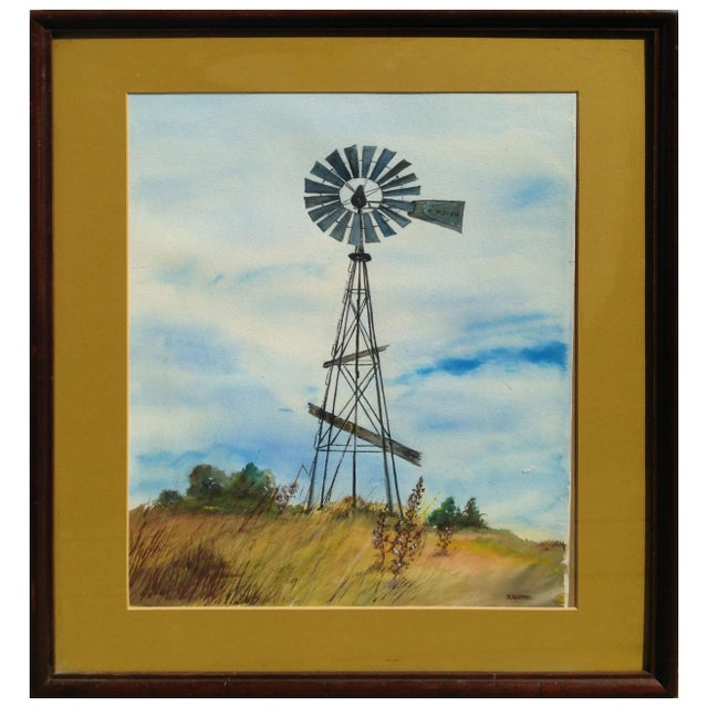 1960s Country Windmill Rural Landscape Watercolor Painting by H. Kendall, Framed For Sale In Monterey, CA - Image 6 of 6