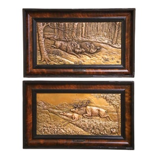 Pair 19th Century French Black Forest Style Repoussé Brass Hunting Wall Panels For Sale