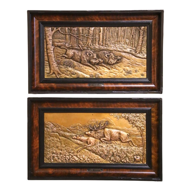Pair 19th Century French Black Forest Style Repoussé Brass Hunting Wall Panels For Sale