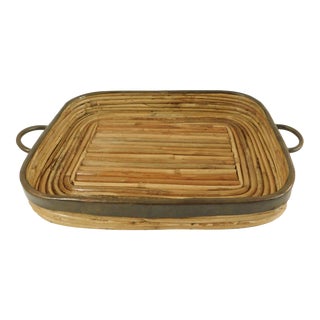 Large 1970s Vintage Gabriella Crespi Stlye Pencil Reed & Brass Basket Tray Brass Handles For Sale