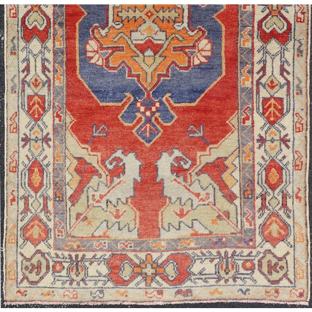 Tribal Vintage Turkish Oushak Rug With Bold Red, Indigo Blue, Saffron Gold and Ivory For Sale - Image 3 of 11