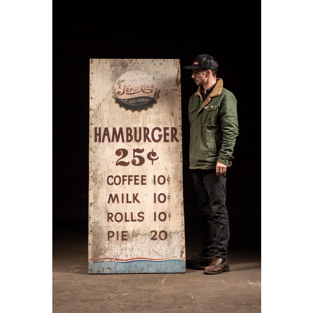 c. 1940s/1950s; Pepsi Cola Company - Long Island City, NY Hand-painted wooden roadside diner menu board featuring the...