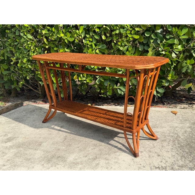 English Vintage Palm Beach Handwoven Natural Rattan Console Table For Sale - Image 3 of 15