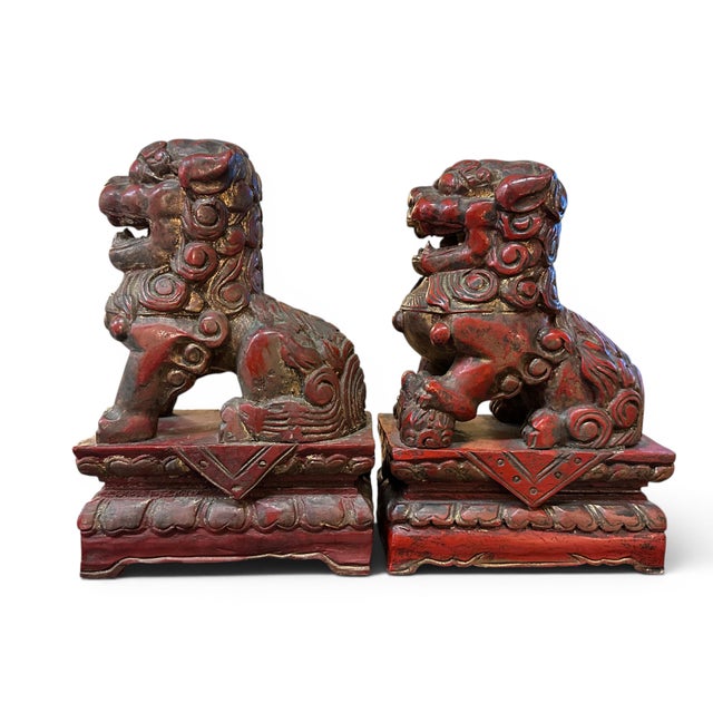 Pair of Carved Wood Chinese Foo Lions, 10" Tall, 20th Century For Sale In San Diego - Image 6 of 12