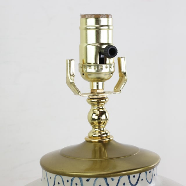 Cream Pair of Vintage Hand Painted Blue and Cream Ceramic Table Lamps With Deer and Floral Folk Art Design For Sale - Image 8 of 14