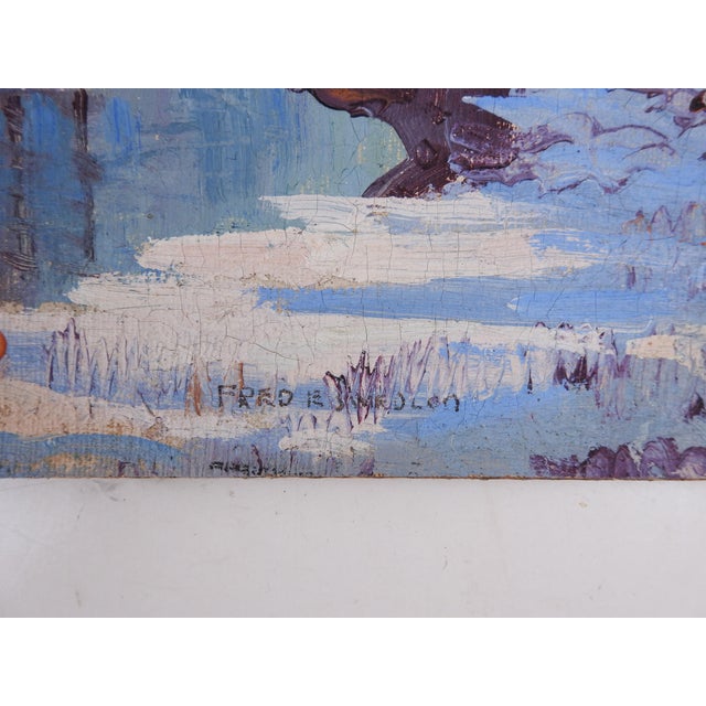 Vintage early 20th century oil on canvas board snowy winter river landscape. Signed illegibly bottom center. Unframed,...