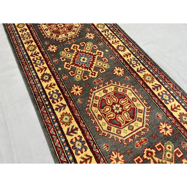 Charcoal Gray and Cream Kazak-Style Wool Runner Rug, 2'7" X 13'1" For Sale - Image 4 of 16