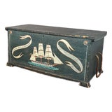 19th Century Dark Green-Blue Painted Maritime Sea Chest / Trunk, Ship John Speark, Rockland Maine For Sale