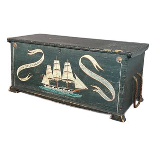 19th Century Dark Green-Blue Painted Maritime Sea Chest / Trunk, Ship John Speark, Rockland Maine For Sale