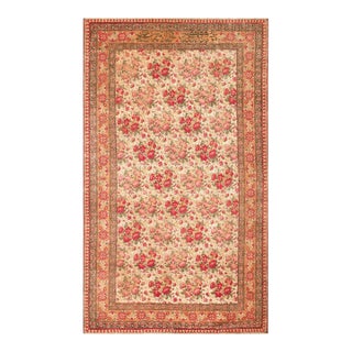 1850s Ivory Floral Antique Persian Ashar Rug 4' 4" X 7' 3" Handknotted Wool Carpet For Sale