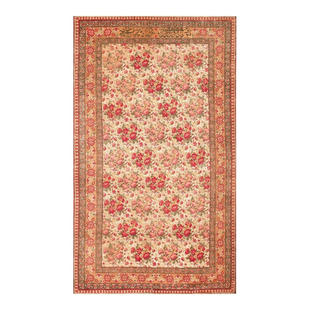 1850s Ivory Floral Antique Persian Ashar Rug 4' 4" X 7' 3" Handknotted Wool Carpet For Sale