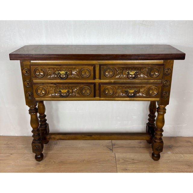 Spanish Renaissance Revival Walnut Console Table with Four Carved Drawers, 1930s For Sale - Image 11 of 11