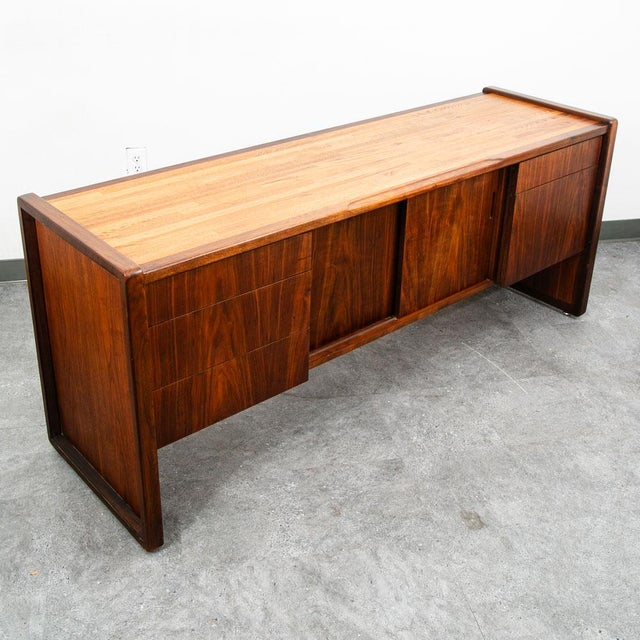 Wood Mid Century Modern Credenza Oak Walnut 5 Drawer Wood Oak File Doors Vintage For Sale - Image 7 of 12