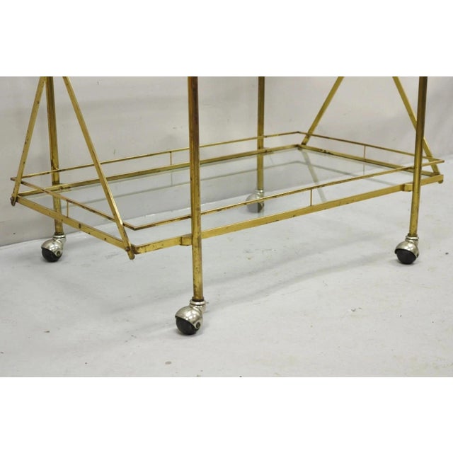 Metal Mid Century Italian Modern 3 Tier Brass & Glass X-Frame Rolling Bar Cart Table For Sale - Image 7 of 12