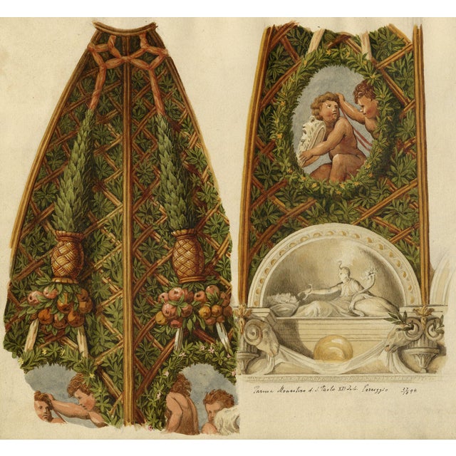 Josef Kott, Ceiling Frescoes at the Camera Di San Paolo and Correggio, 1800s, Watercolour For Sale