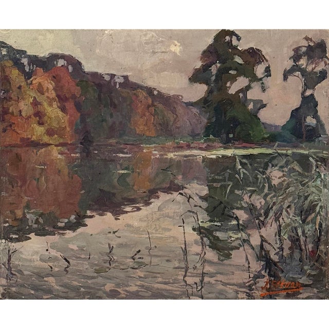 Post Impressionist Framed Oil Painting on Canvas by Jean Stevan (1896-1962) 'The Pond in Autumn' For Sale - Image 3 of 15