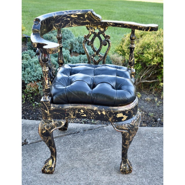 Vtg. Corner Chair Black Lacquer Gilt Chippendale Roundabout For Sale - Image 9 of 16