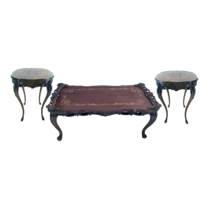 Early 20th Century Antique French Louis XV-style Carved Walnut Tables With Satinwood Inlay - Set of 3