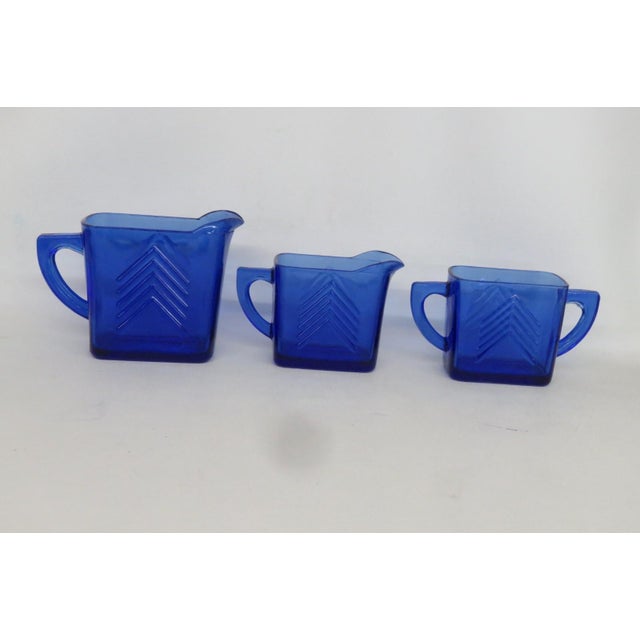 Mid 20th Century Hazel Atlas Cobalt Blue Glass Chevron 3pc Set 2 Creamers and Sugar Bowl For Sale - Image 9 of 12