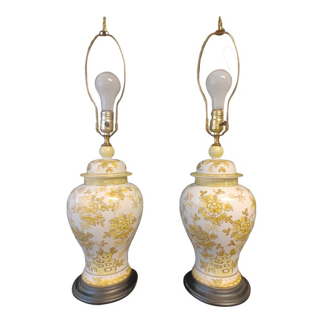 Pair of Vintage Yellow and White Ginger Jar Lamps Chairish