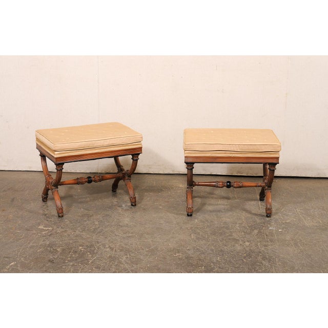 Mid 20th Century Dante Style Wood Stools W/ Upholstered Seats - A Pair For Sale - Image 9 of 9