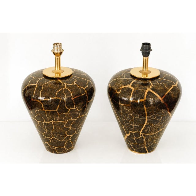 Baluster Shaped Table Lamps in Glazed Black and Gold Ceramic, Set of 2 For Sale - Image 4 of 18