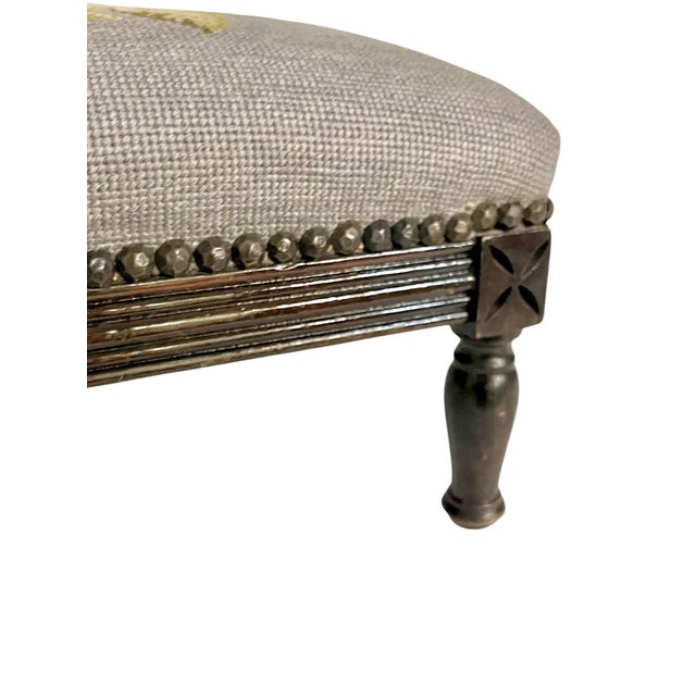 Cabin Vintage French Louis XVI Style Petite Needlepoint Footstool With Carved Legs For Sale - Image 3 of 11