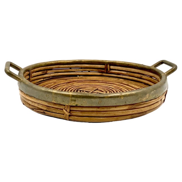 Hollywood Regency Brass and Wicker Bowl, Italy, 1970s For Sale