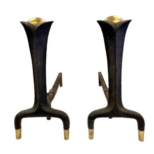 Vintage 50s Mid Century Modern Art Deco Donald Deskey Wrought Iron & Brass Fireplace Andirons For Sale - Image 11 of 11
