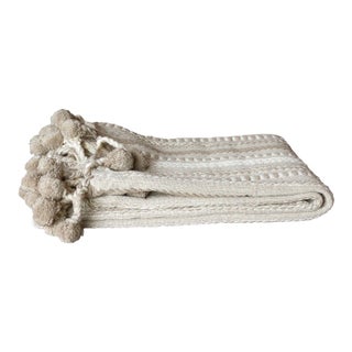 Beige Hand-Loomed Cotton Pom-Pom Throw For Sale